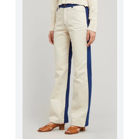 Paloma Wool Dax Pant Size 6 EU38 Cream Blue Straight High Waist 100% Cotton 27"L - Picture 2 of 16